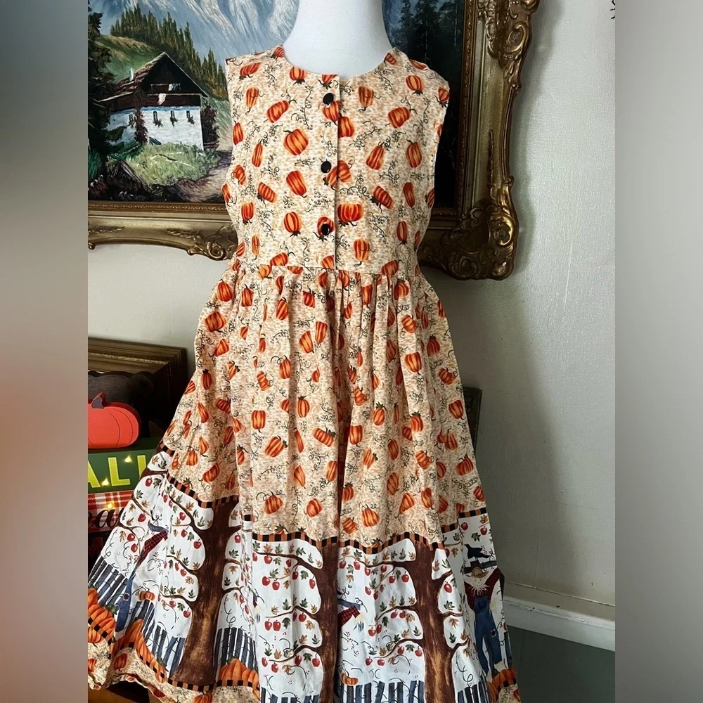 🎃 Girls Handmade Halloween Scarecrow Pumpkin Patch Sleeveless Dress